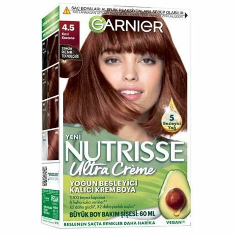 کیت رنگ مو گارنیر سری Nutrisse Ultra Creme شماره ۴.۵ پایه رنگ شاه بلوطی قرمز